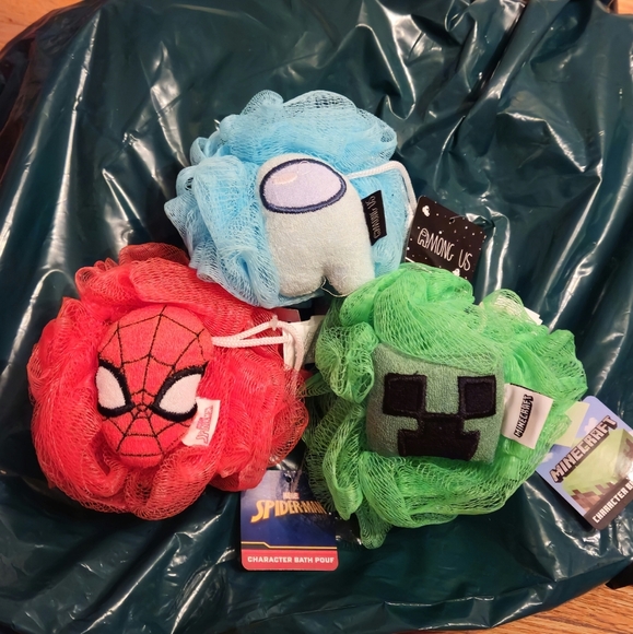 Marvel Spider-Man, Disney Baby Yoda, and Among Us Kids 3 Bath Sponge Set, NWT - Picture 1 of 1